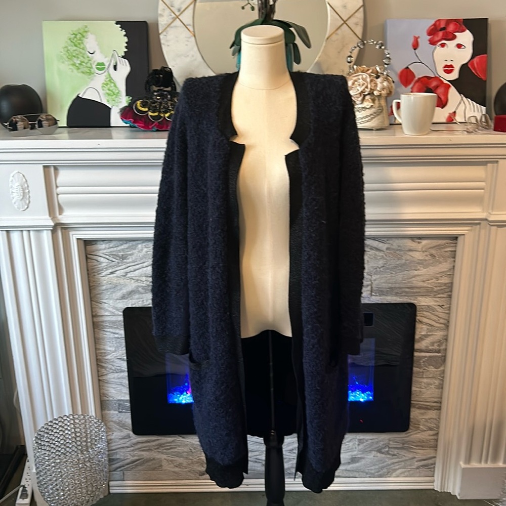White+Warren large blue rolled maxi knit sweater jacket wool/alpaca/nylon/spandx